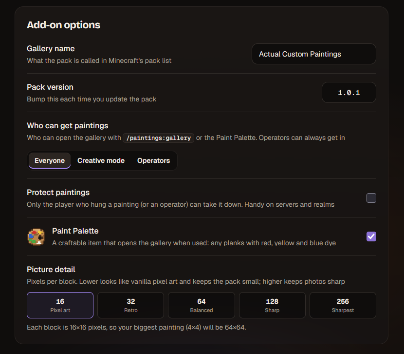 Add-on options: who can get paintings, Protect Paintings, Paint Palette and detail