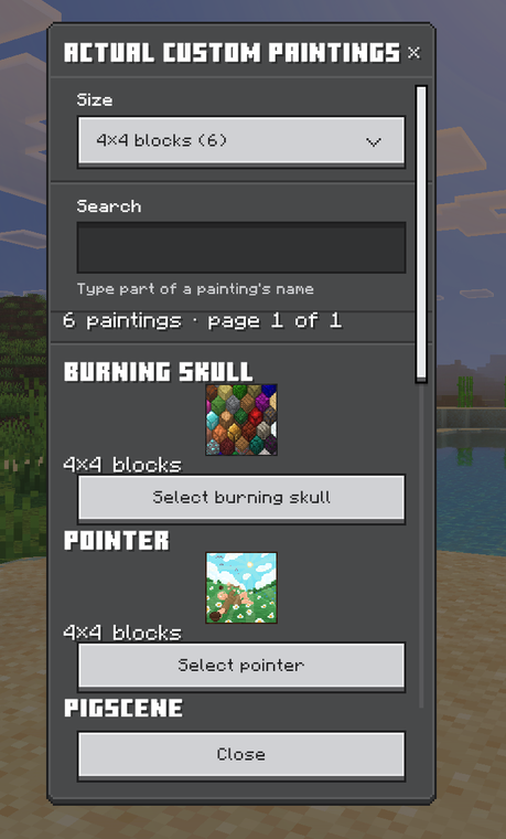 The in-game gallery, filtered by size